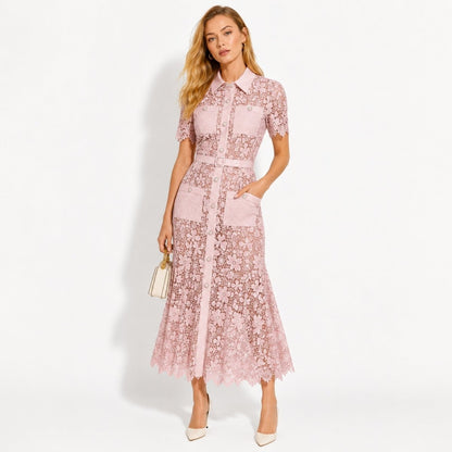 Floral Lace Midi Shirt Dress – Belted Button-Front Collared