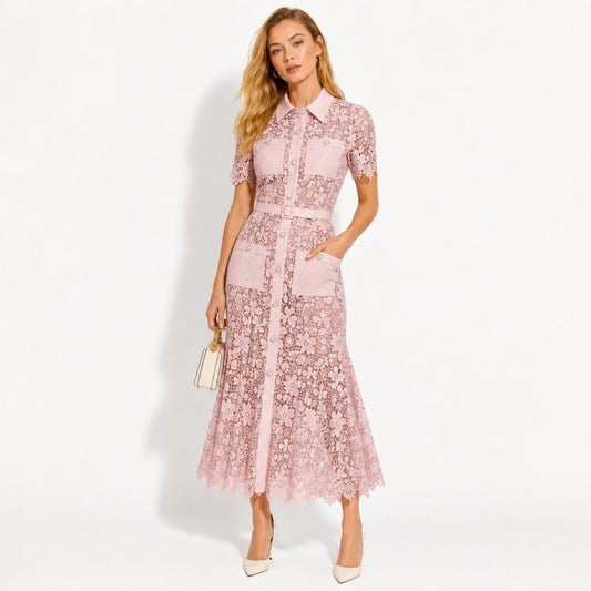 Floral Lace Midi Shirt Dress – Belted Button-Front Collared