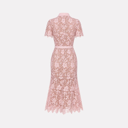 Floral Lace Midi Shirt Dress – Belted Button-Front Collared