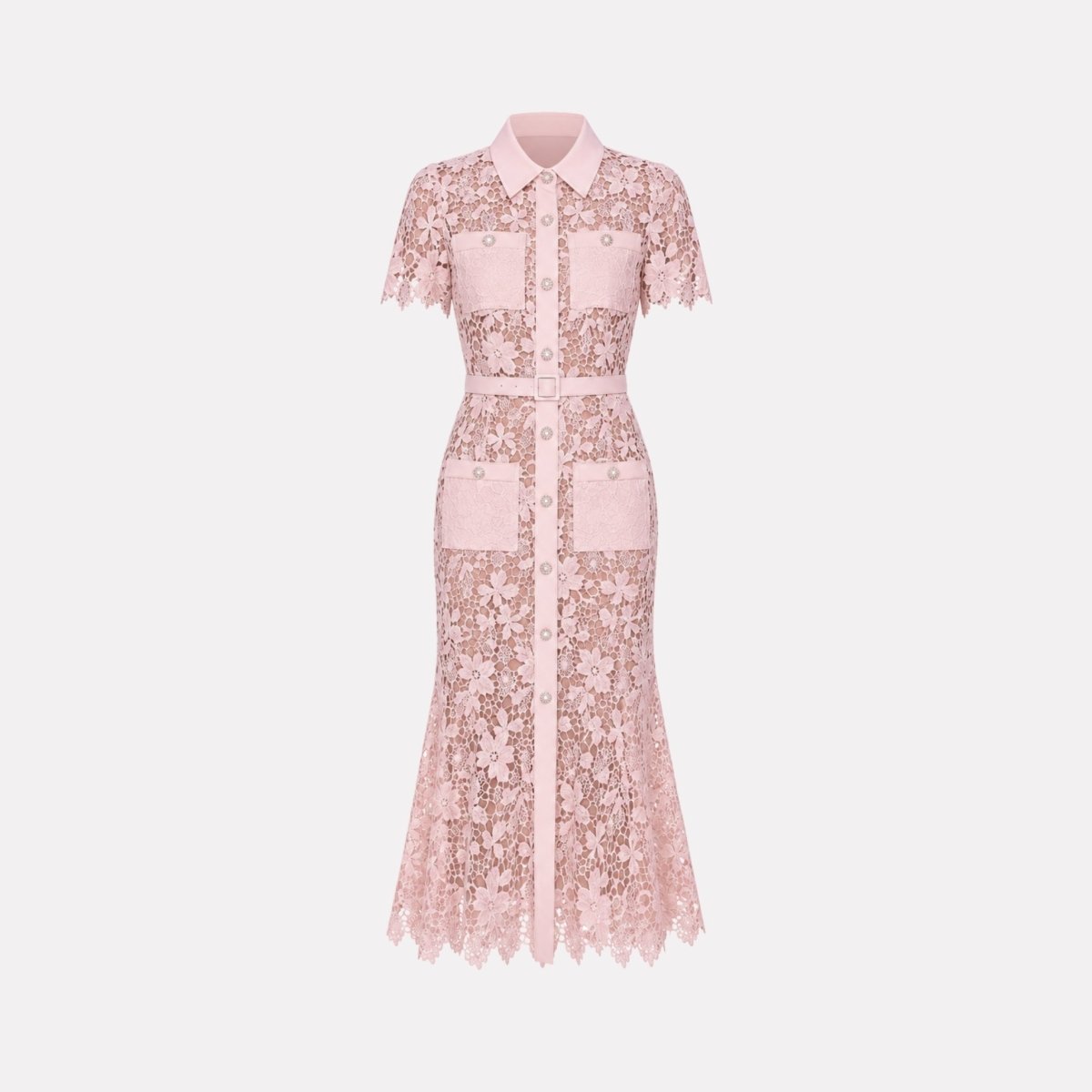 Floral Lace Midi Shirt Dress – Belted Button-Front Collared