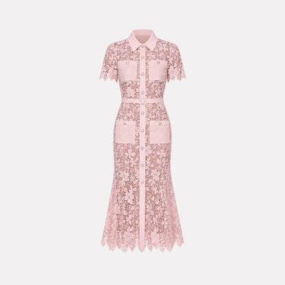 Floral Lace Midi Shirt Dress – Belted Button-Front Collared