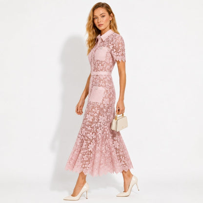 Floral Lace Midi Shirt Dress – Belted Button-Front Collared