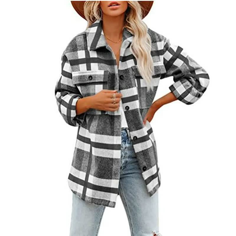 Plaid Flannel Shacket – Oversized Button-Down Long Sleeve Jacket