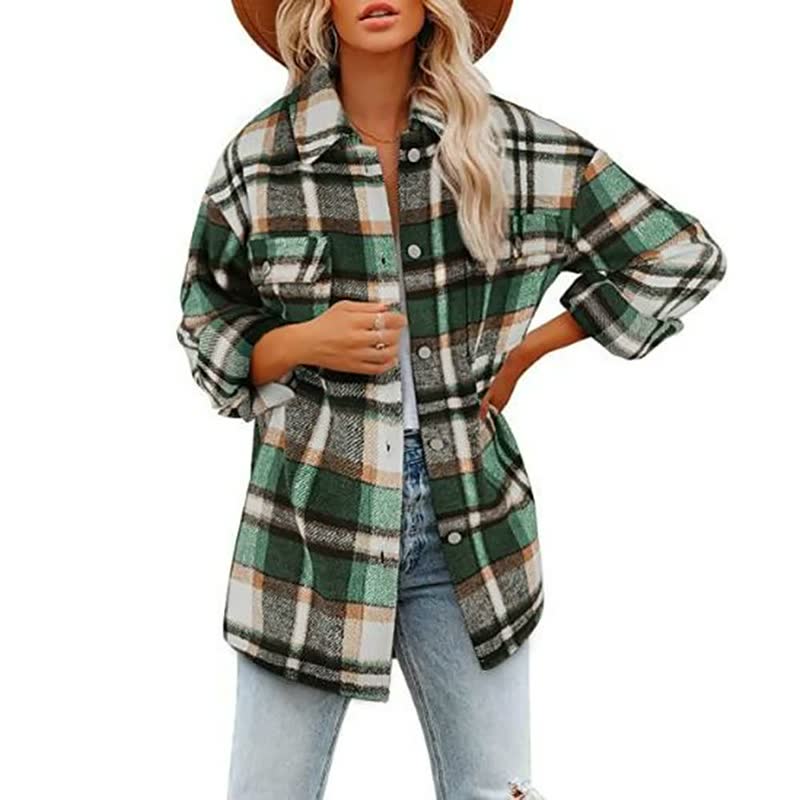 Plaid Flannel Shacket – Oversized Button-Down Long Sleeve Jacket
