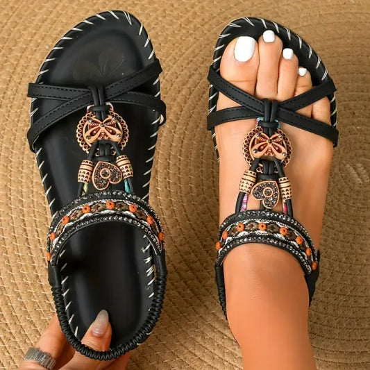 Boho Beaded Flat Sandals – Rhinestone Elastic Ankle Strap Summer Sandals