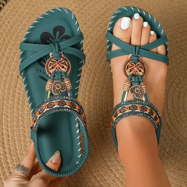 Boho Beaded Flat Sandals – Rhinestone Elastic Ankle Strap Summer Sandals