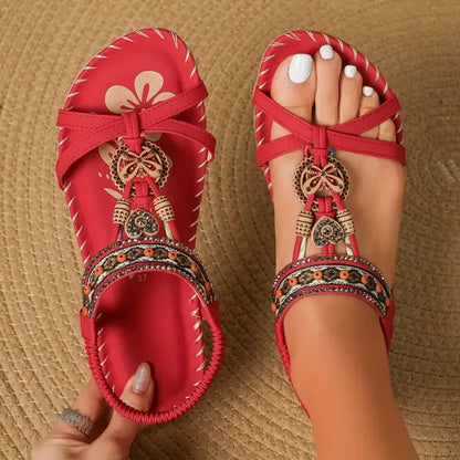 Boho Beaded Flat Sandals – Rhinestone Elastic Ankle Strap Summer Sandals