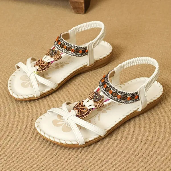 Boho Beaded Flat Sandals – Rhinestone Elastic Ankle Strap Summer Sandals