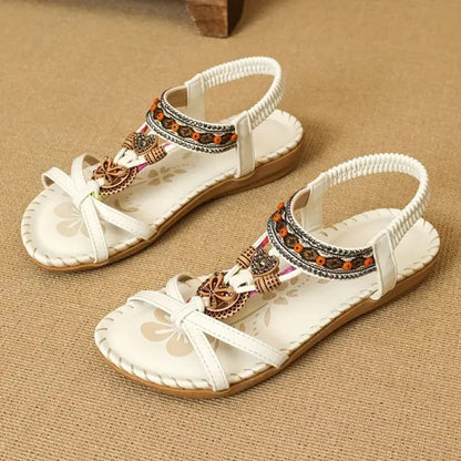 Boho Beaded Flat Sandals – Rhinestone Elastic Ankle Strap Summer Sandals