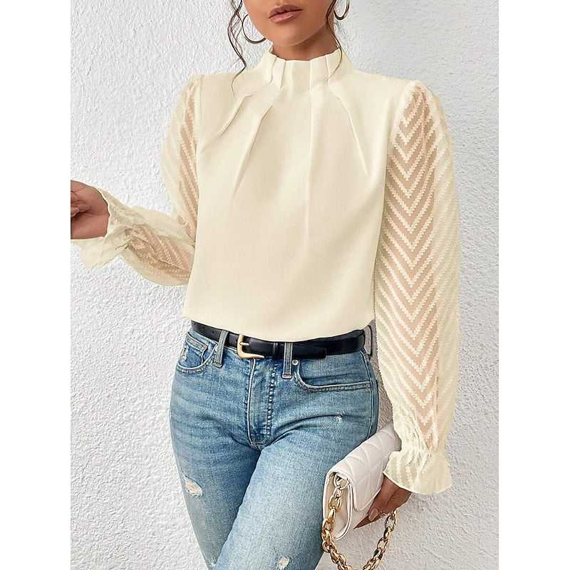 Pleated Mock Neck Blouse – Sheer Lace Sleeve Long Sleeve Top