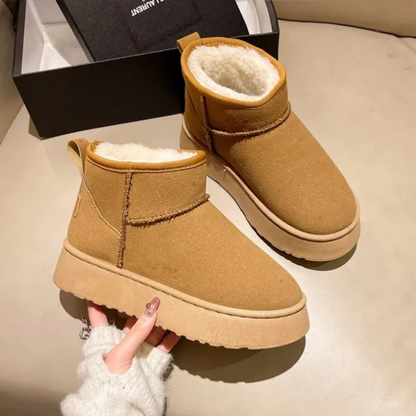 Suede Platform Mini Snow Boots – Fleece Lined Slip-On Winter Ankle Boots