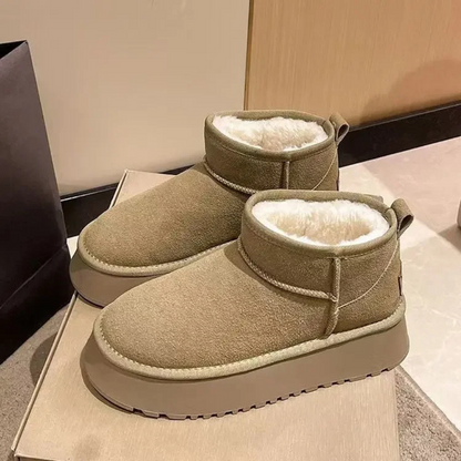 Suede Platform Mini Snow Boots – Fleece Lined Slip-On Winter Ankle Boots