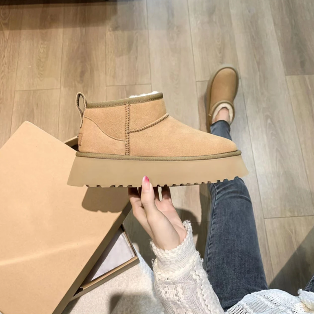 Suede Platform Mini Snow Boots – Fleece Lined Slip-On Winter Ankle Boots