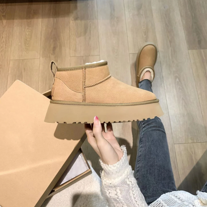 Suede Platform Mini Snow Boots – Fleece Lined Slip-On Winter Ankle Boots