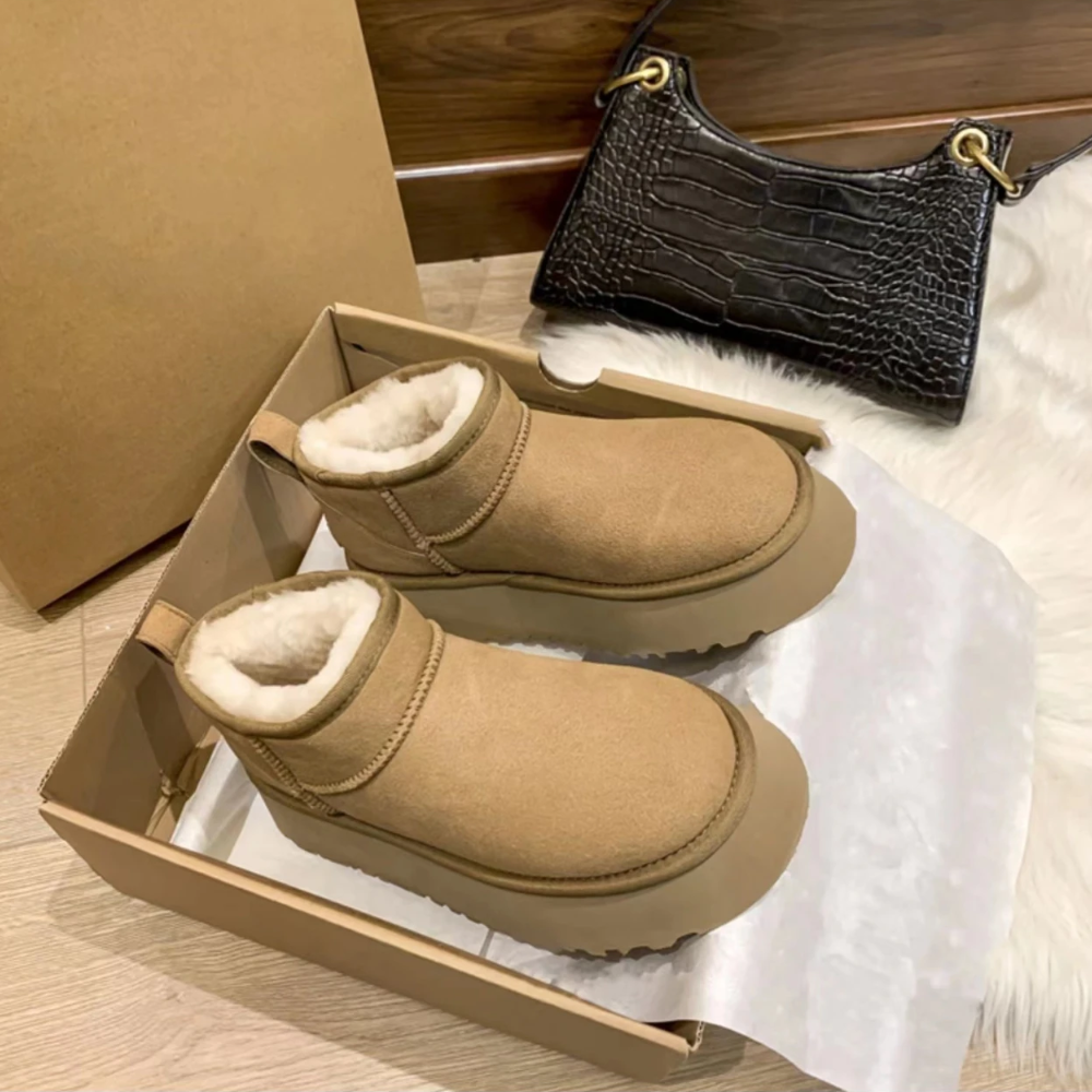 Suede Platform Mini Snow Boots – Fleece Lined Slip-On Winter Ankle Boots