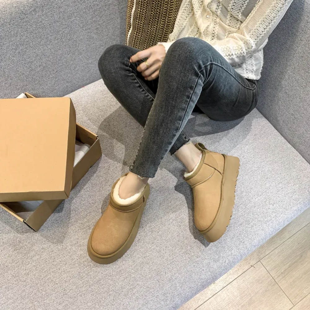 Suede Platform Mini Snow Boots – Fleece Lined Slip-On Winter Ankle Boots