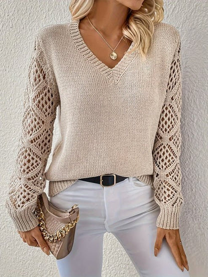 Open Knit Crochet Sleeve Sweater – V-Neck Relaxed Pullover