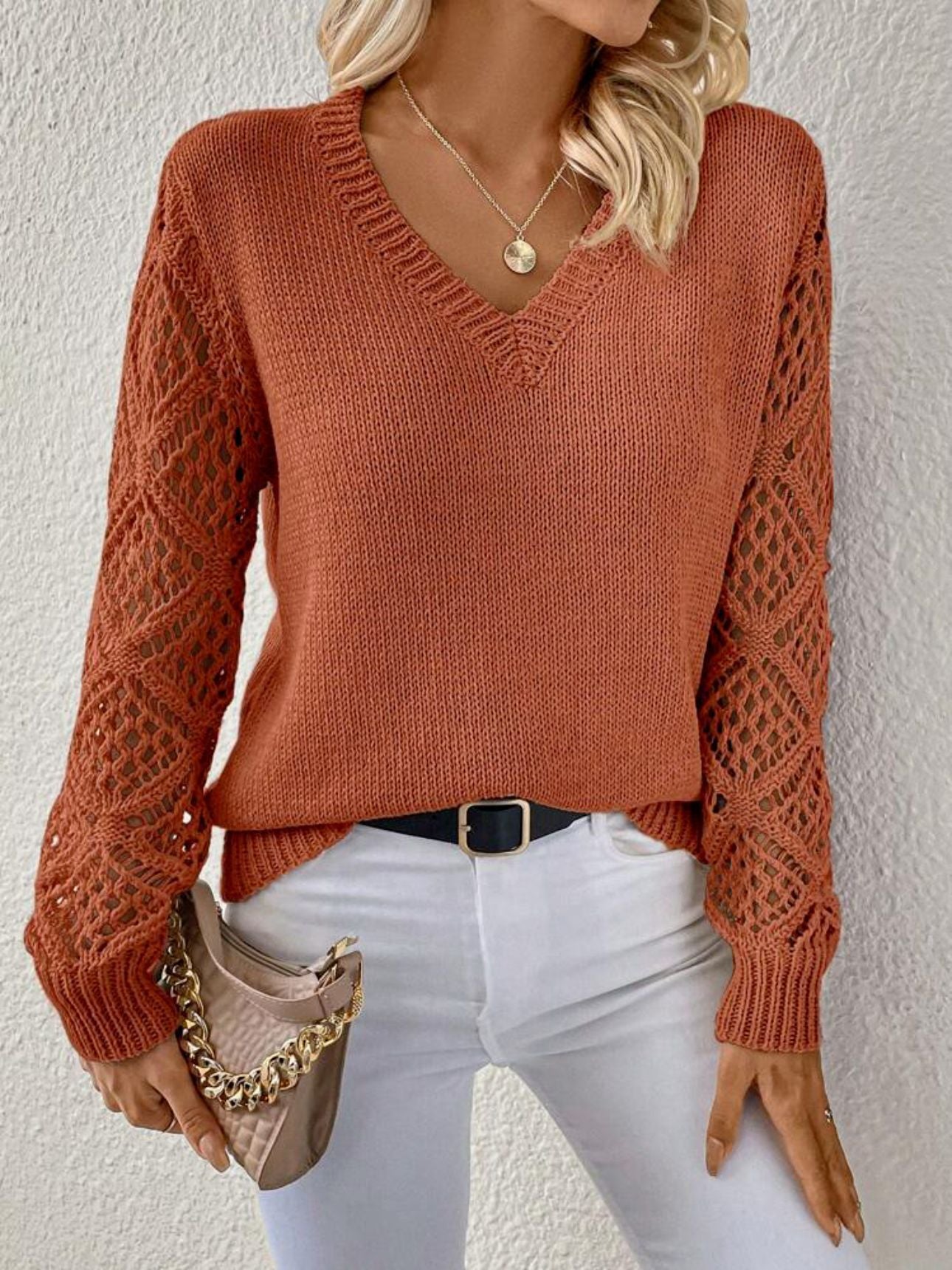 Open Knit Crochet Sleeve Sweater – V-Neck Relaxed Pullover
