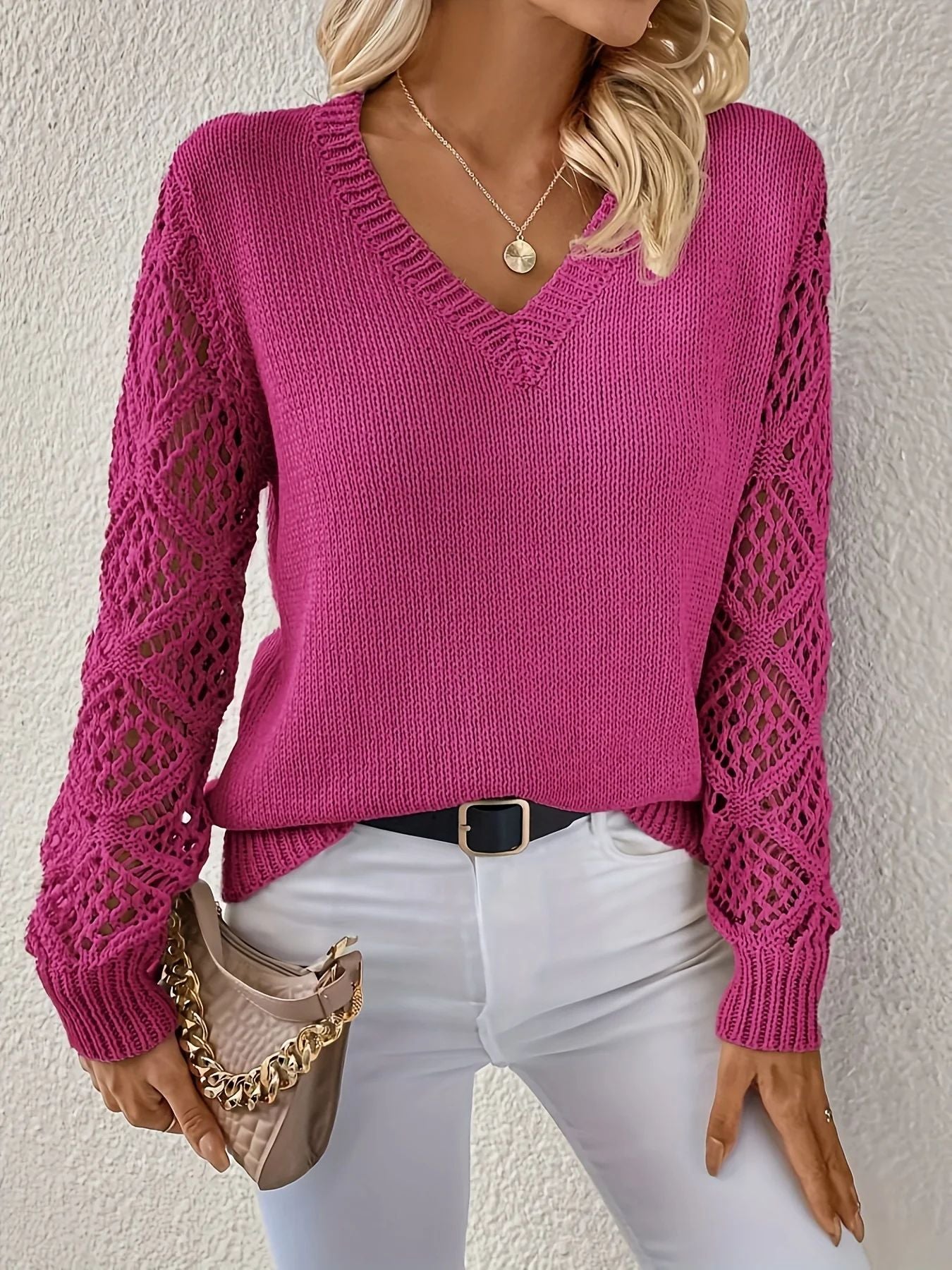 Open Knit Crochet Sleeve Sweater – V-Neck Relaxed Pullover