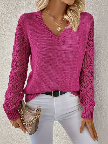 Open Knit Crochet Sleeve Sweater – V-Neck Relaxed Pullover