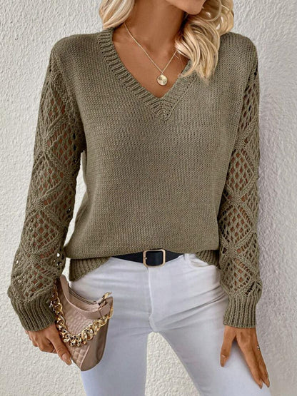 Open Knit Crochet Sleeve Sweater – V-Neck Relaxed Pullover