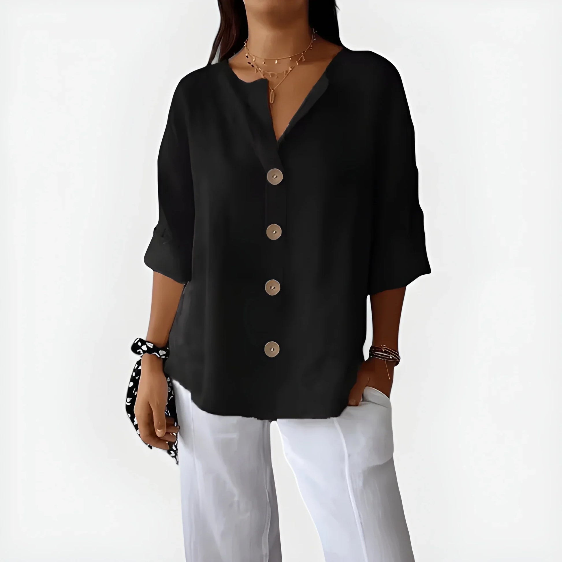 Women's V-Neck Button-Down Blouse – Loose Fit 3/4 Sleeve Summer Top