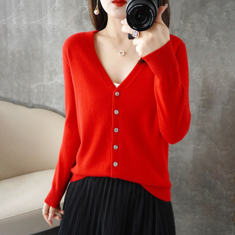 Knit V-Neck Cardigan – Button-Front Long Sleeve Layering Sweater