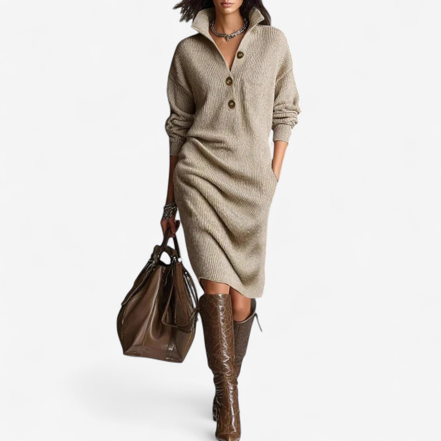 Ribbed Knit Sweater Dress – Collared Button-Neck Oversized Midi