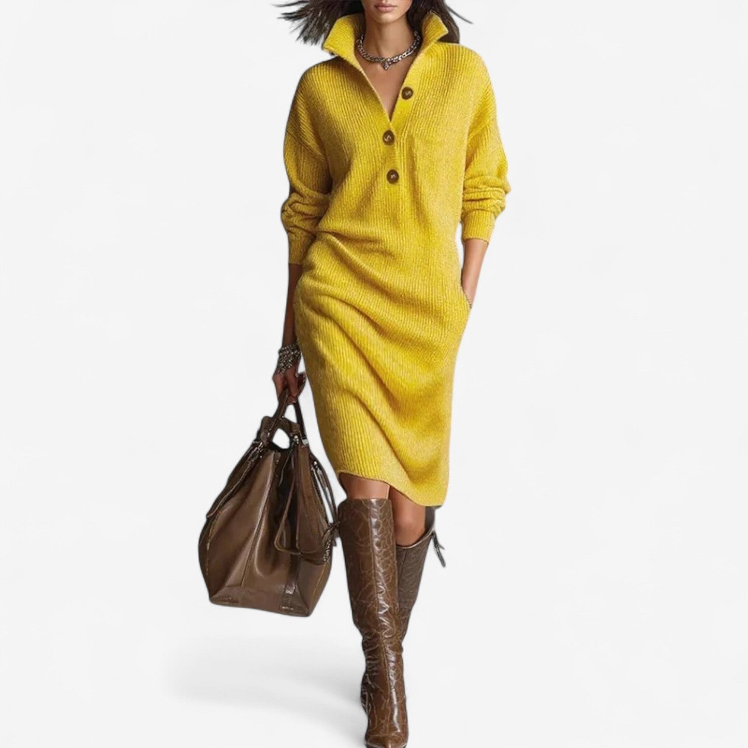 Ribbed Knit Sweater Dress – Collared Button-Neck Oversized Midi