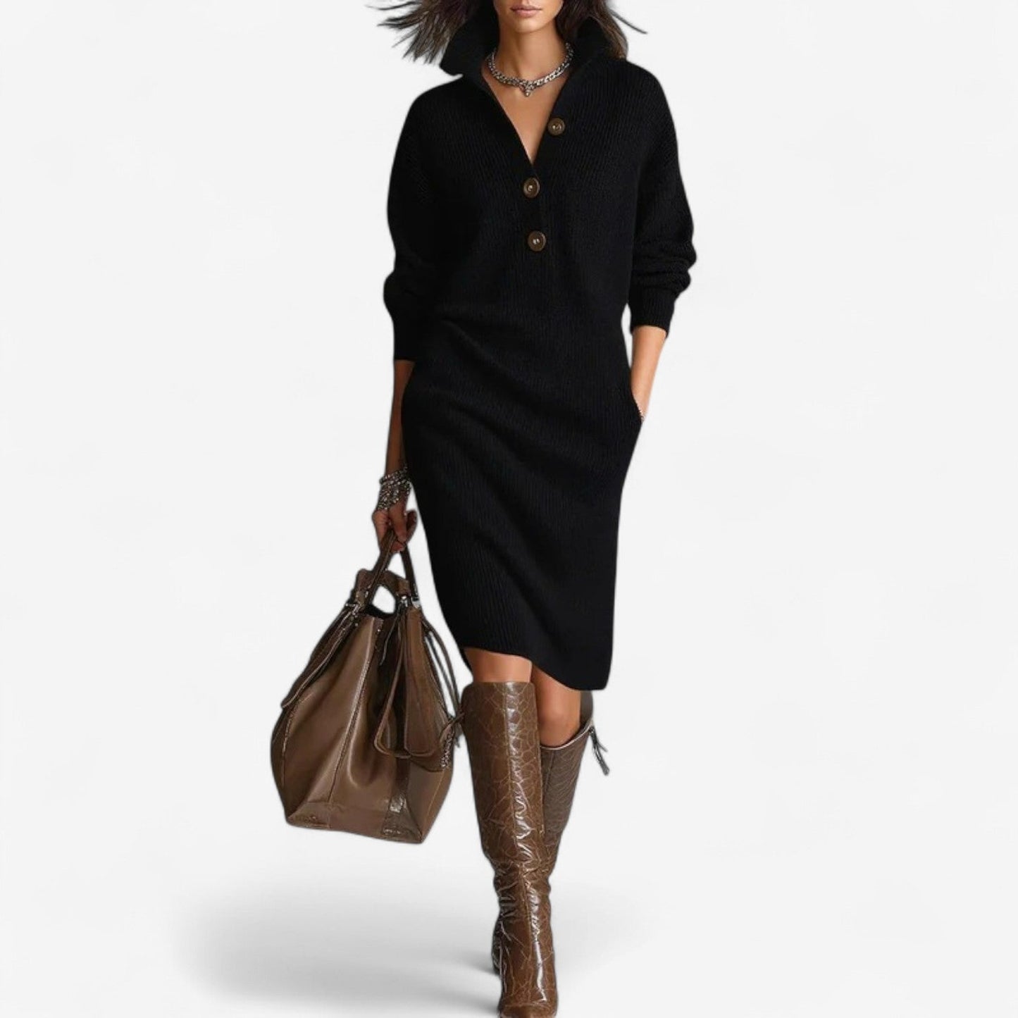 Ribbed Knit Sweater Dress – Collared Button-Neck Oversized Midi