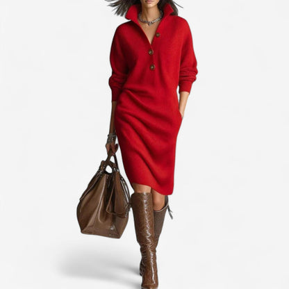Ribbed Knit Sweater Dress – Collared Button-Neck Oversized Midi