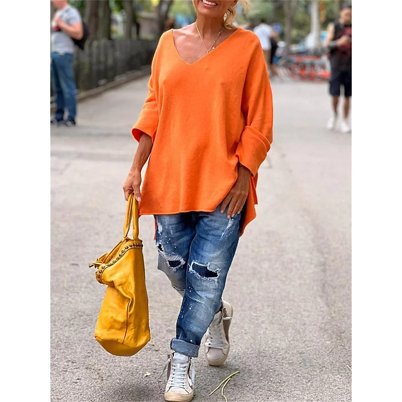 Oversized V-Neck Knit Pullover – Batwing Long Sleeve Side Slit Top
