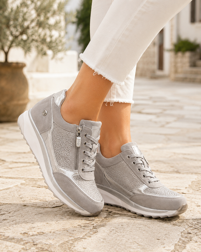 Rhinestone Platform Sneakers – Wide Toe Box Zip Lace-Up