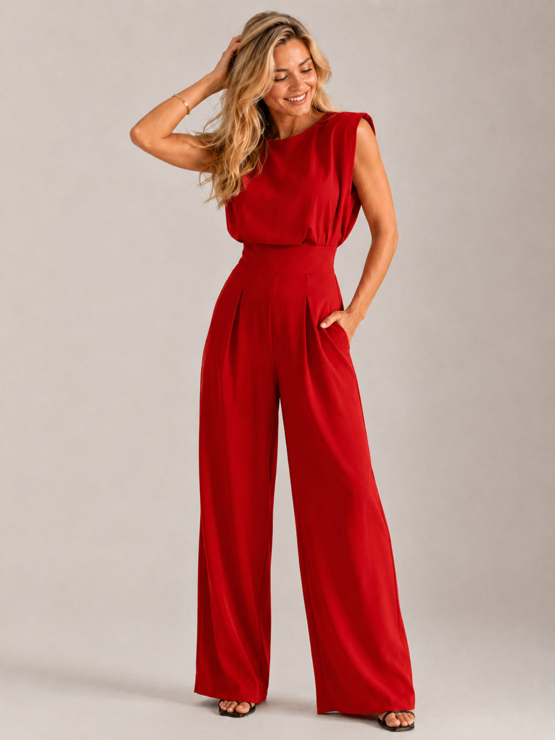 Sleeveless Wide-Leg Jumpsuit – High Waist Pleated Crepe