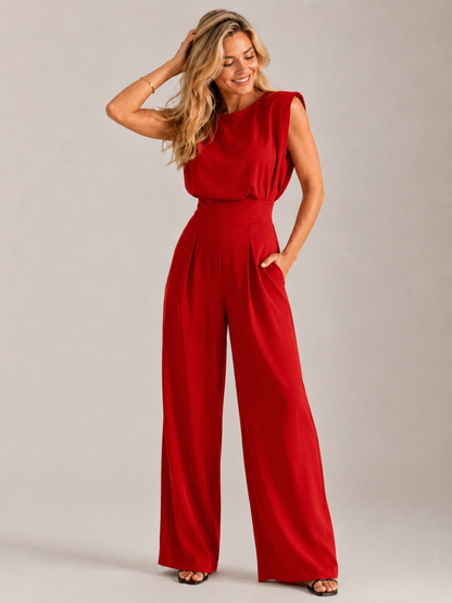 Sleeveless Wide-Leg Jumpsuit – High Waist Pleated Crepe