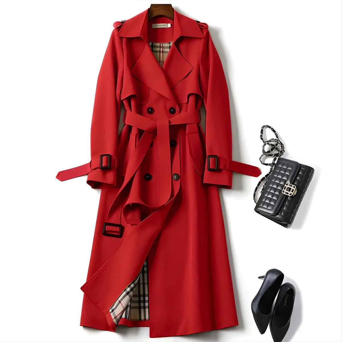Double Breasted Long Trench Coat – Belted Lapel Coat for Women