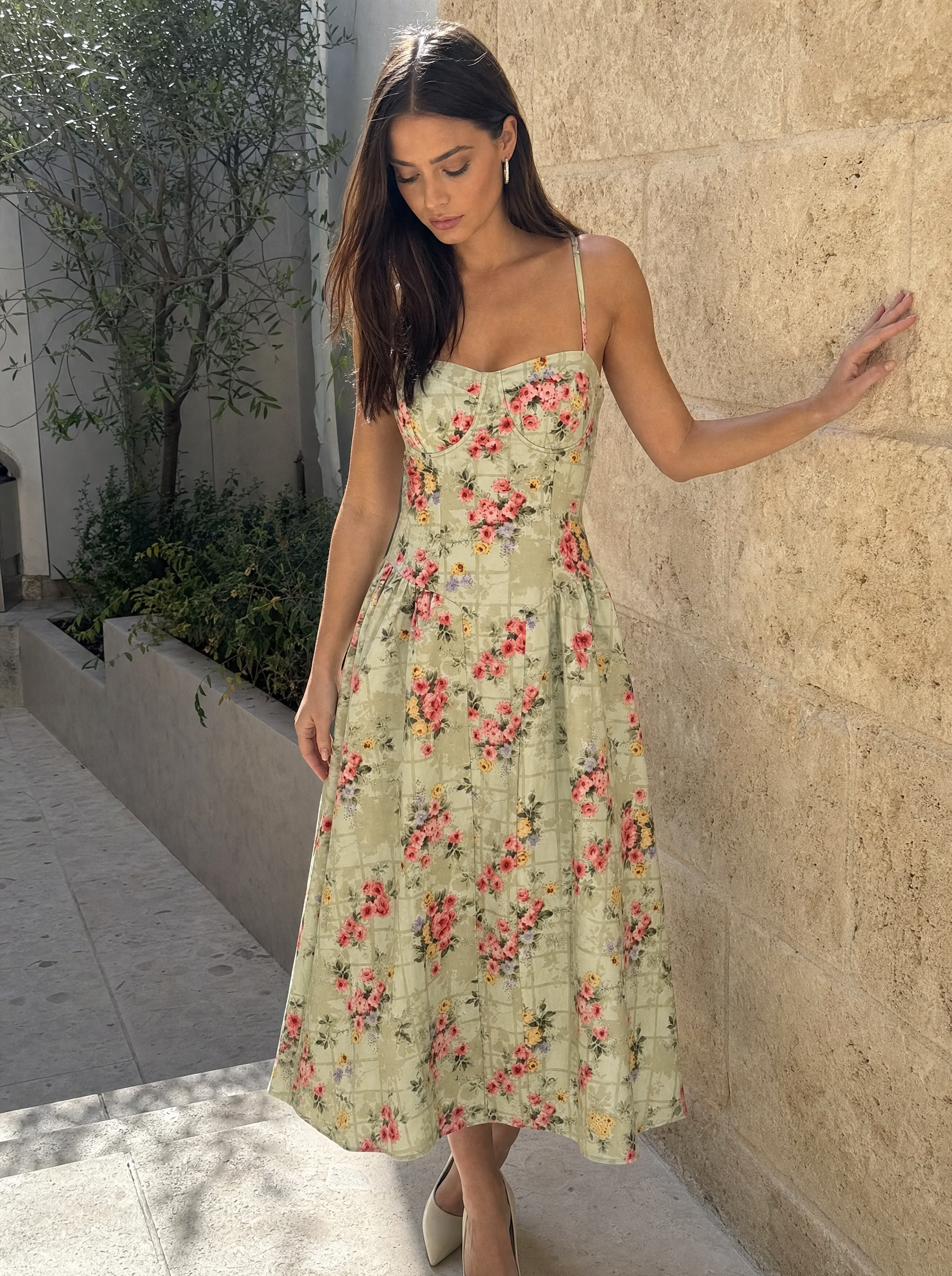 Bustier Midi Dress – Spaghetti Strap A-Line Corset Bodice