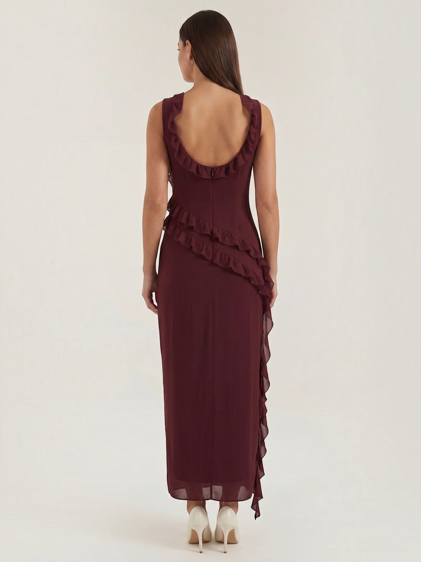 Ruffle Maxi Dress – Sleeveless Square Neck with Side Slit