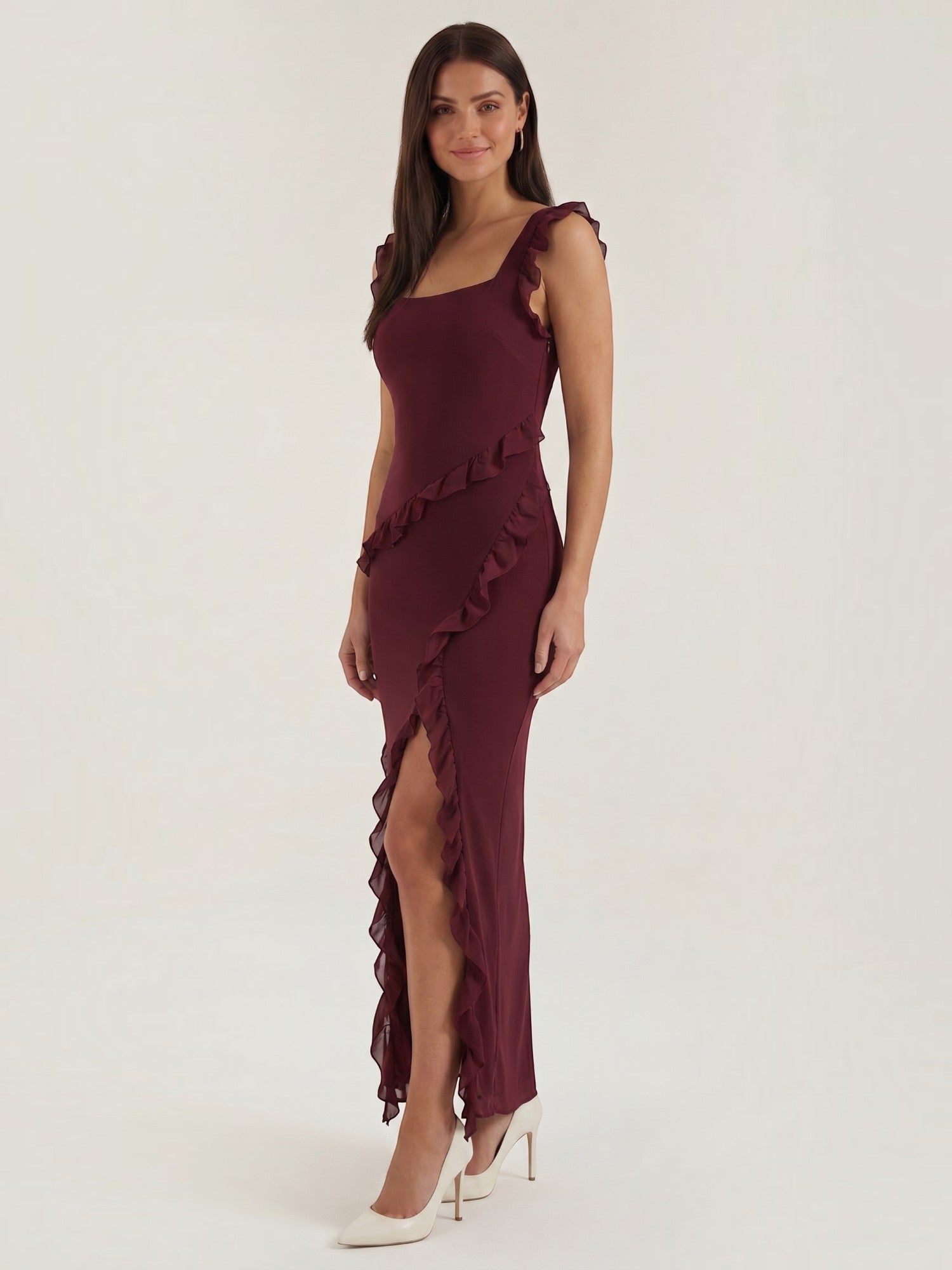 Ruffle Maxi Dress – Sleeveless Square Neck with Side Slit