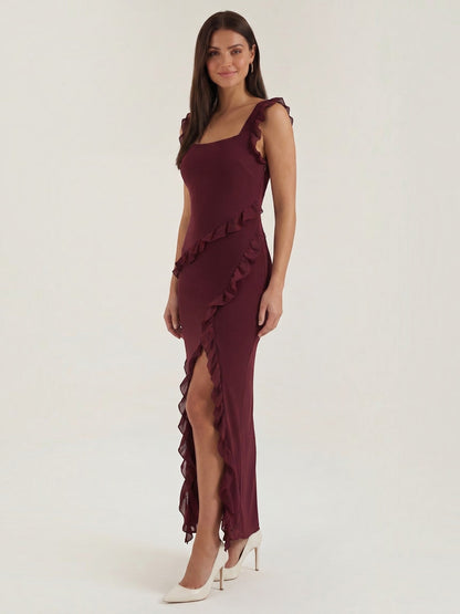 Ruffle Maxi Dress – Sleeveless Square Neck with Side Slit