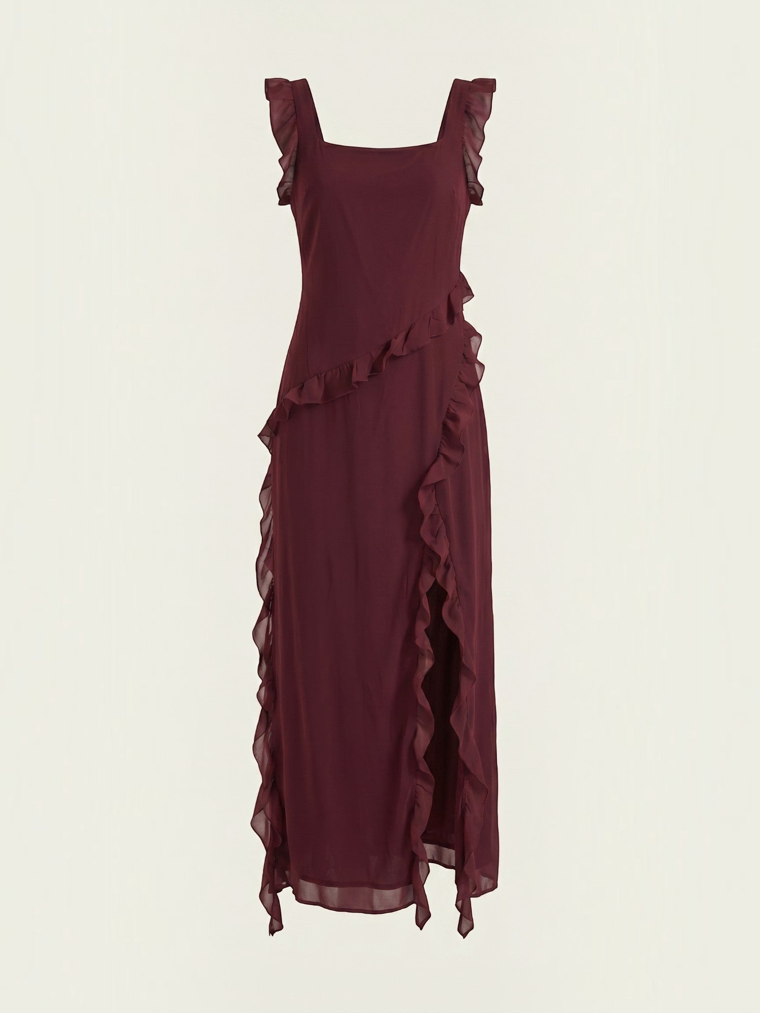 Ruffle Maxi Dress – Sleeveless Square Neck with Side Slit