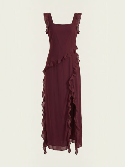 Ruffle Maxi Dress – Sleeveless Square Neck with Side Slit