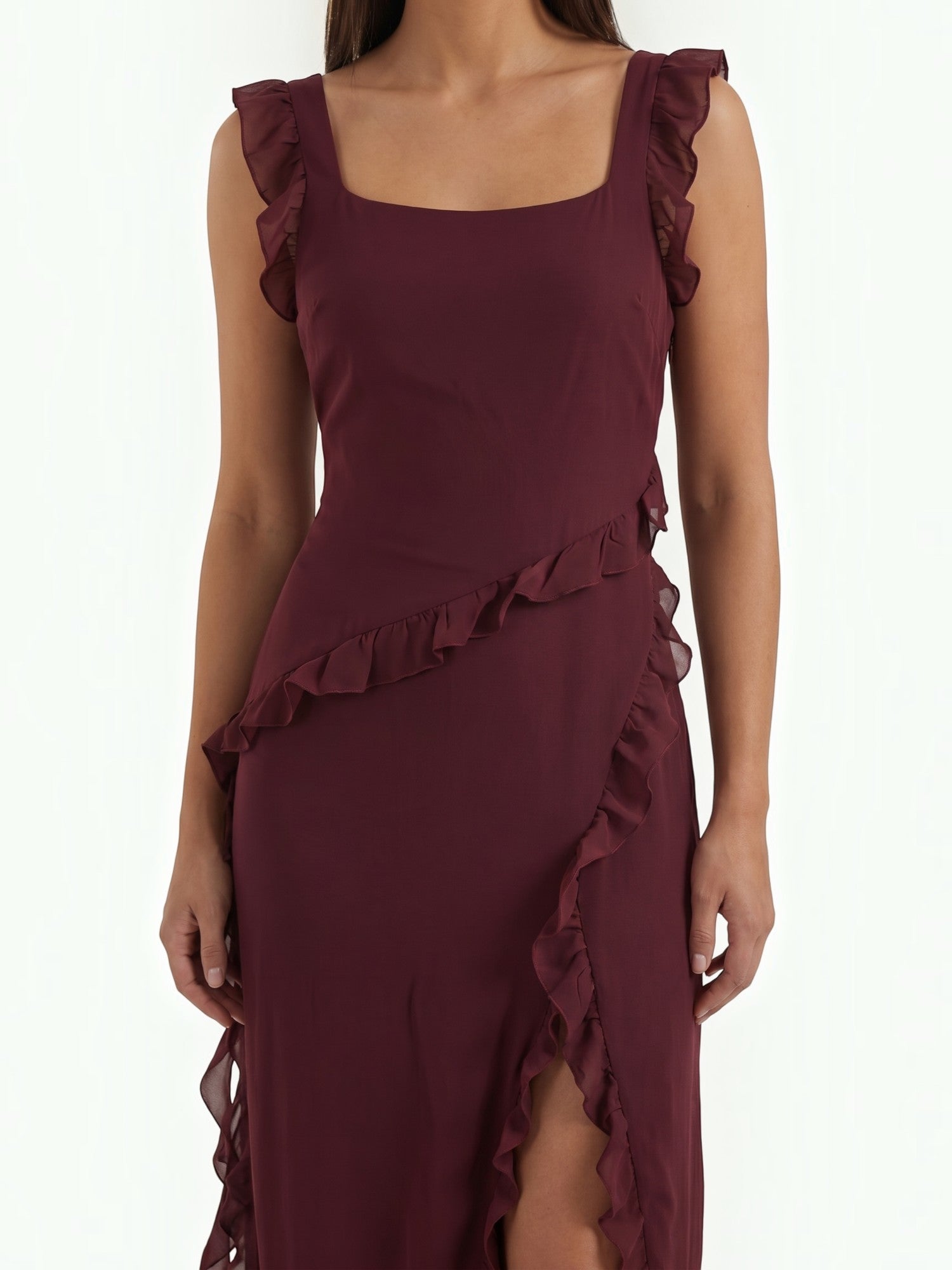 Ruffle Maxi Dress – Sleeveless Square Neck with Side Slit