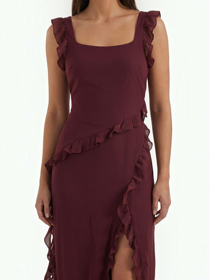 Ruffle Maxi Dress – Sleeveless Square Neck with Side Slit
