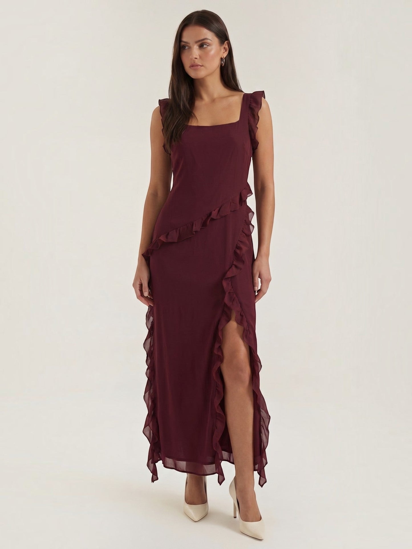 Ruffle Maxi Dress – Sleeveless Square Neck with Side Slit