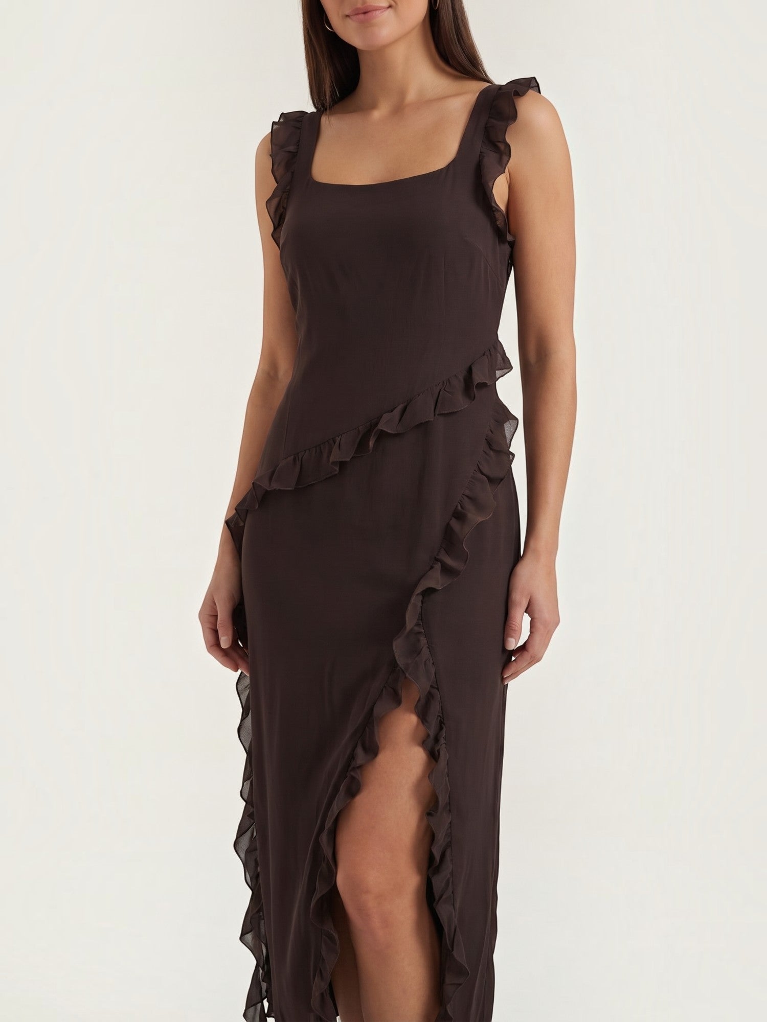 Ruffle Maxi Dress – Sleeveless Square Neck with Side Slit