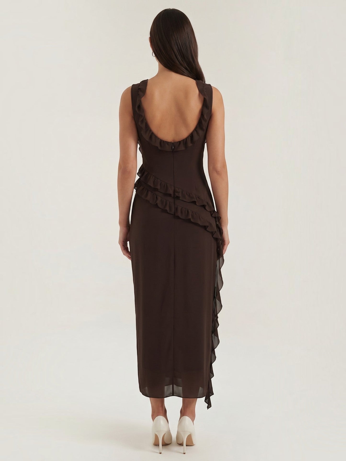 Ruffle Maxi Dress – Sleeveless Square Neck with Side Slit