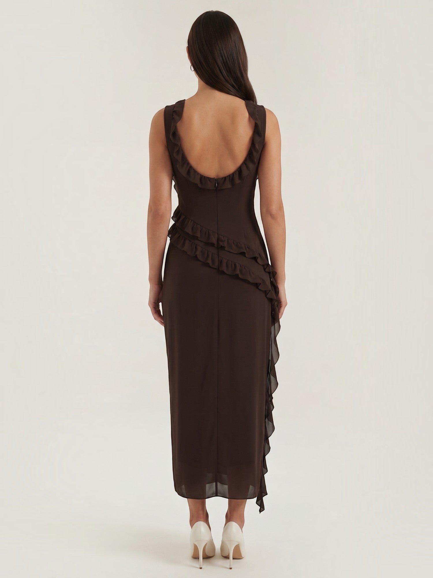 Ruffle Maxi Dress – Sleeveless Square Neck with Side Slit