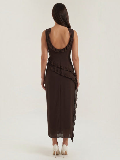 Ruffle Maxi Dress – Sleeveless Square Neck with Side Slit