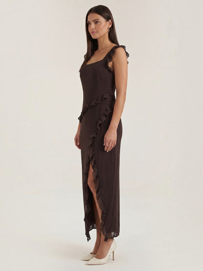 Ruffle Maxi Dress – Sleeveless Square Neck with Side Slit